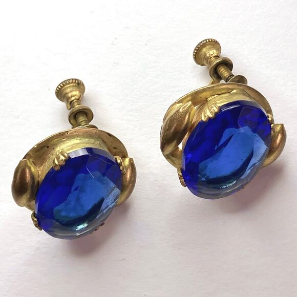 VTG 40s 50s Mid Century Gold Tone Screw Back Earrings Cobalt Blue Glass - Picture 7 of 16